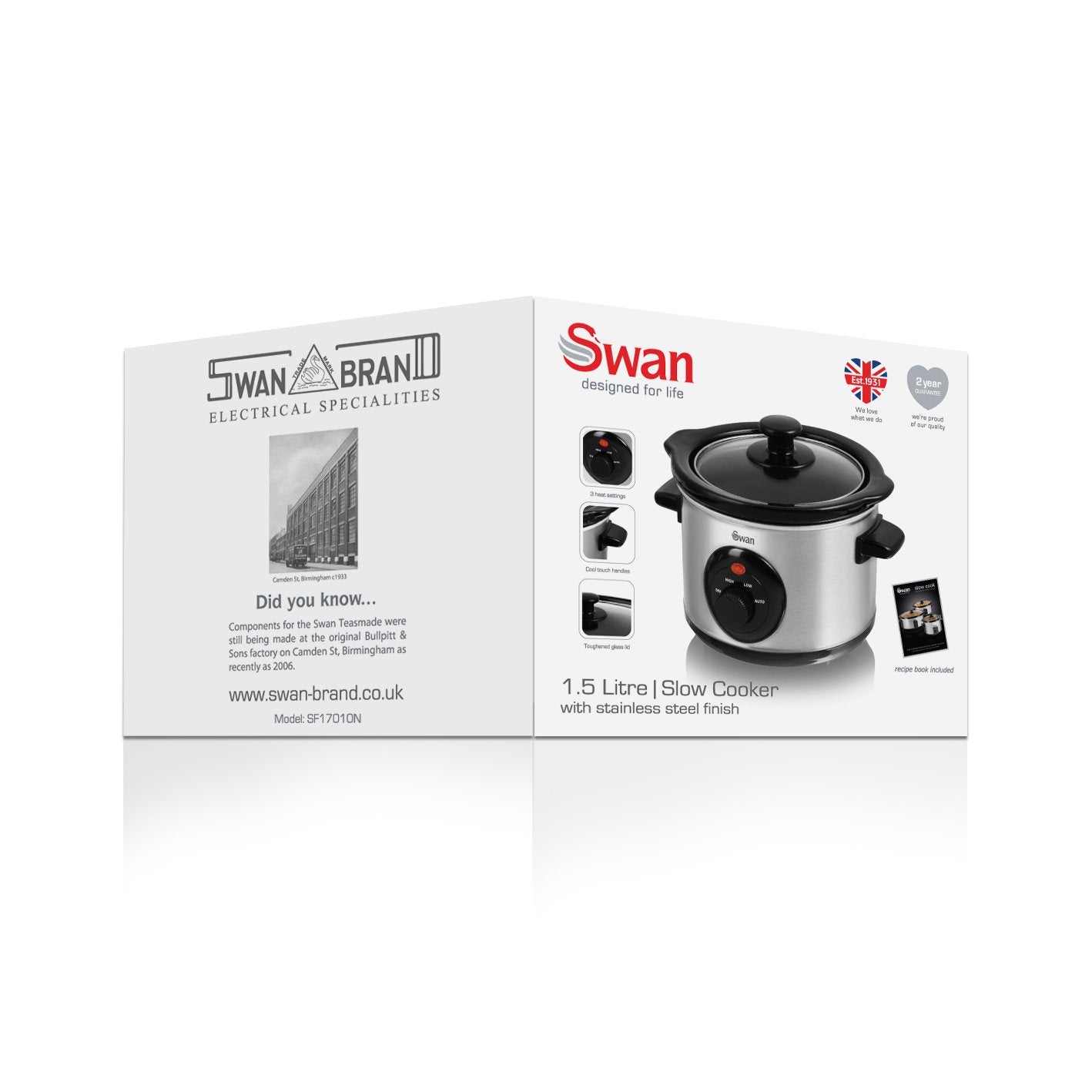 Swan SF17010N 1.5 Litre Round Stainless Steel Slow Cooker with 3 Cooking Settings, 120W, Silver