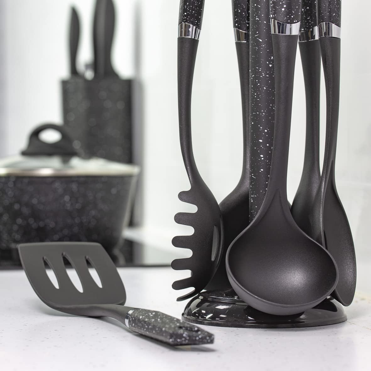 Blackmoor 66779 6-Piece Kitchen Utensils Set / Non-Scratch & Heat Resistant / BPA Free Plastic / Modern & Vibrant Stylish Black Marble Colour / Space Saving Kitchen Storage Single