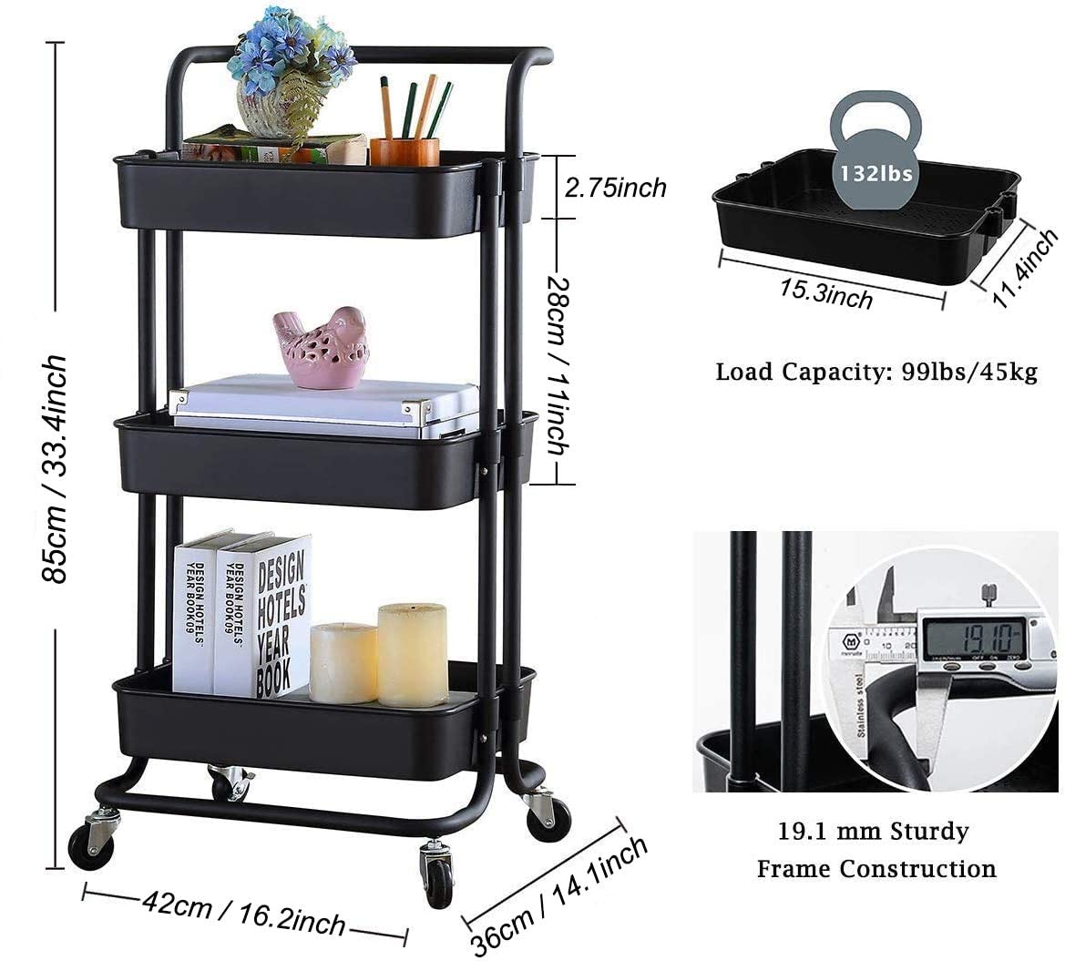 Storage Trolley Cart - 3 Tier Rolling Utility Organizer Rack, Craft Art Cart, Multi-Purpose Organizer Shelf, Tower Rack Serving Trolley for Office Bathroom Kitchen Kids’ Room Laundry Room, Black