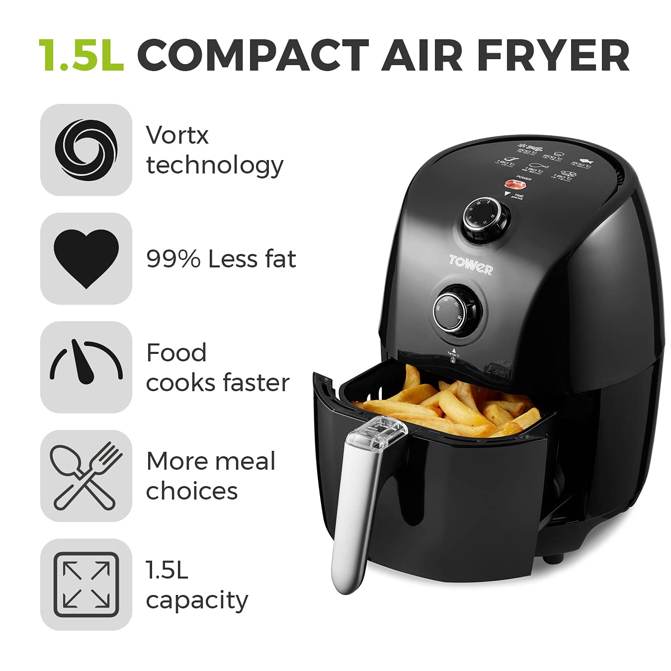 Tower T17025 Vortx Compact Air Fryer with Rapid Air Circulation, 30-Minute Timer, 1.5L, 900W, Black