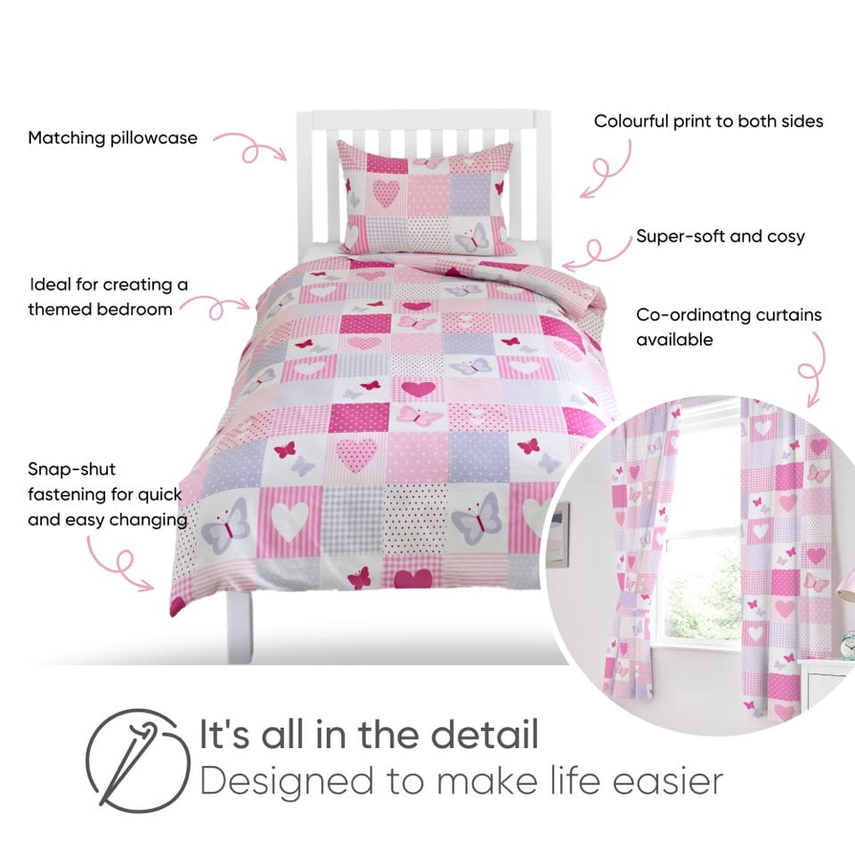 Bloomsbury Mill - Kids Single Bed Duvet Cover and Pillows Set for Girls - Hearts and Butterflies Pink Patchwork Kids Bedding - 135 x 200 cm Single Duvet Set