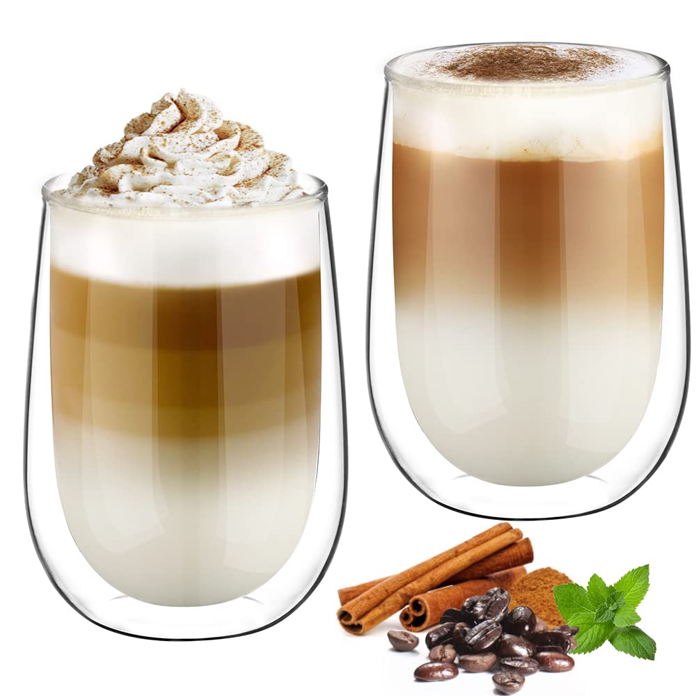 glastal 2x350ml Double Walled Coffee Glasses Mugs Cappuccino Latte Macchiato Glasses Cups for Coffee Tea Milk Juice Ice Cream Borosilicate Heat Resistant Glass Cups Type1-transparent 2 Count (Pack of 1)