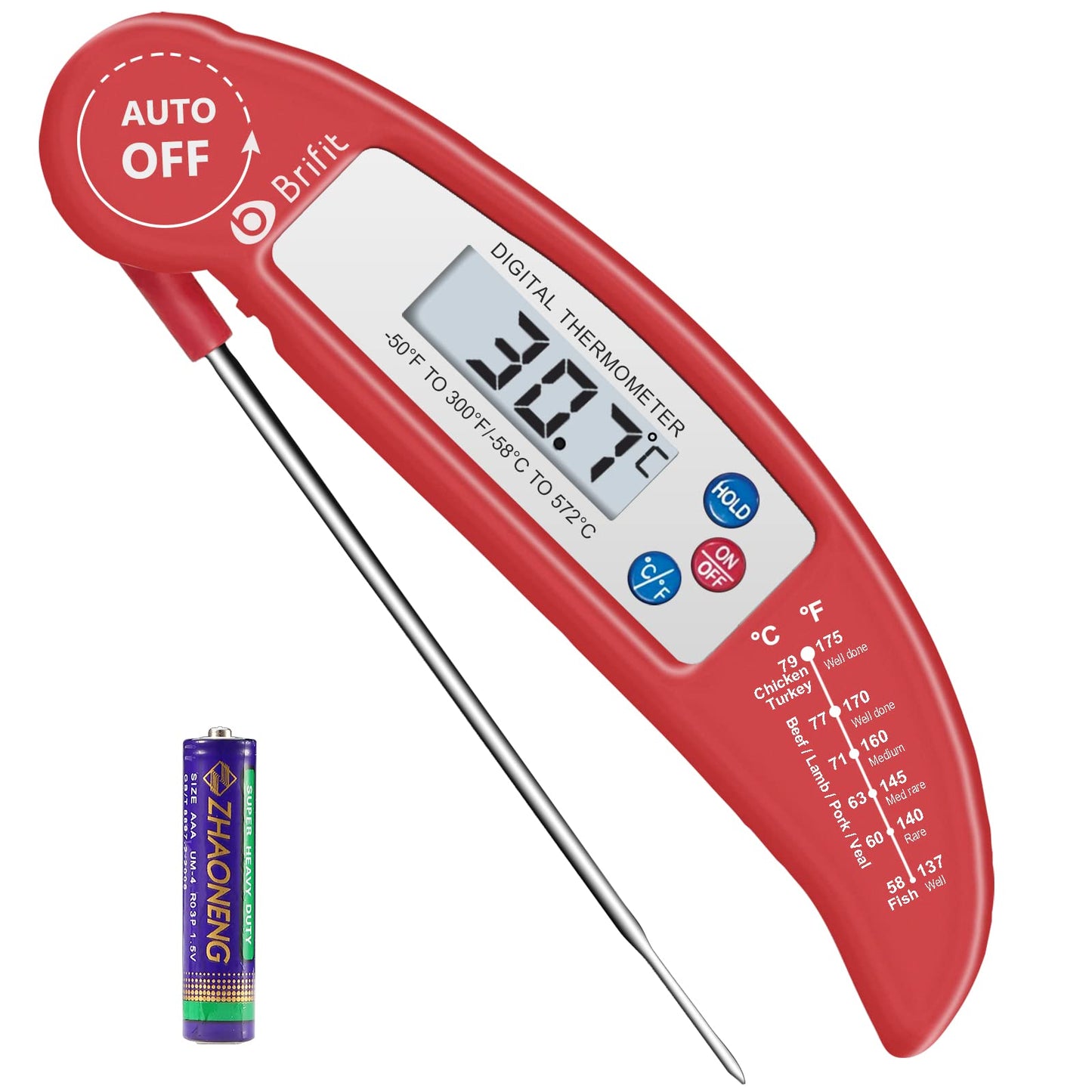 Criacr Meat Thermometer, Digital Cooking Thermometer, Food Thermometer with High Accuracy, Instant Read Foldable Probe Thermometer for Kitchen Cooking, BBQ, Milk, Christmas (Red), Battery Included 1 Pack Red