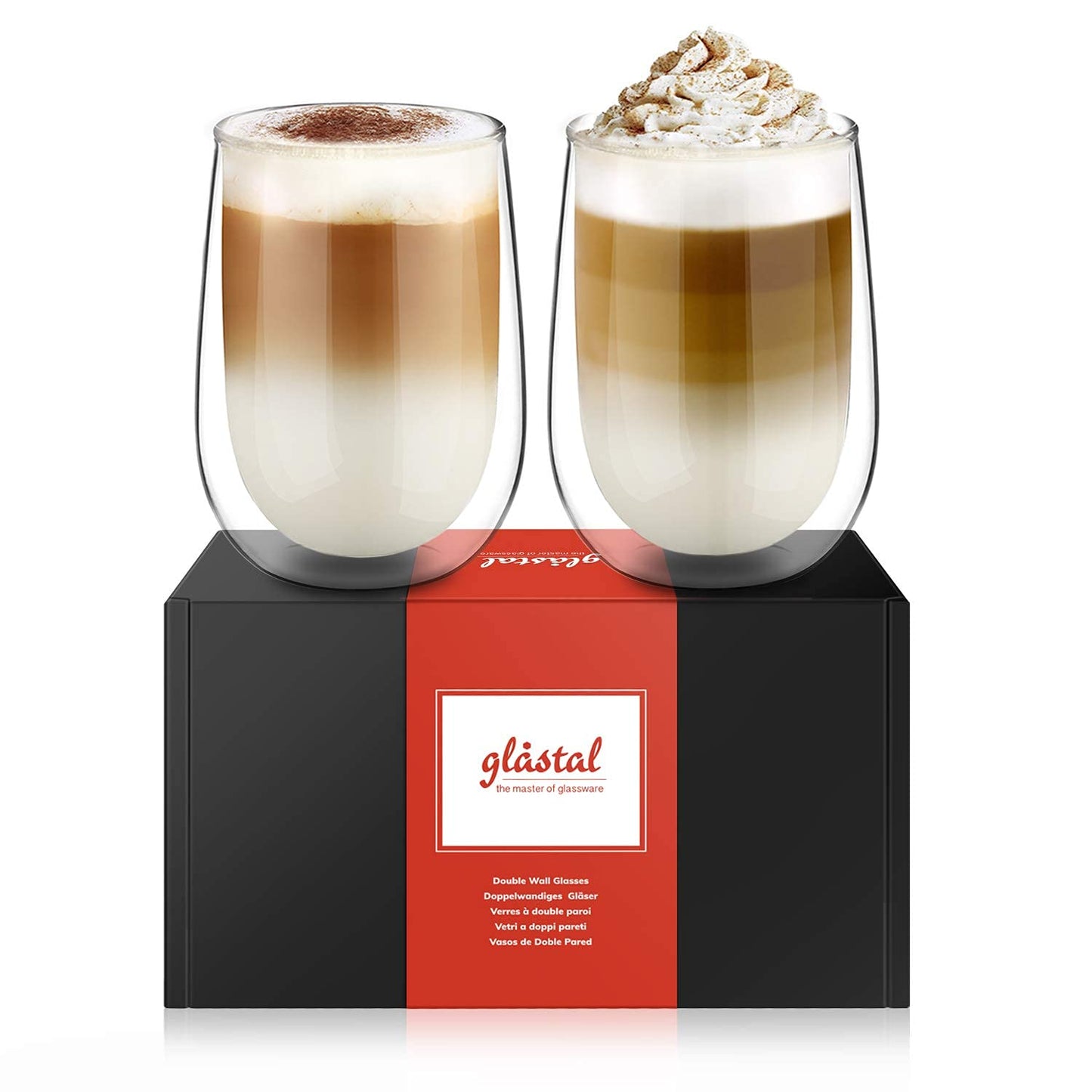 glastal 2x350ml Double Walled Coffee Glasses Mugs Cappuccino Latte Macchiato Glasses Cups for Coffee Tea Milk Juice Ice Cream Borosilicate Heat Resistant Glass Cups Type1-transparent 2 Count (Pack of 1)