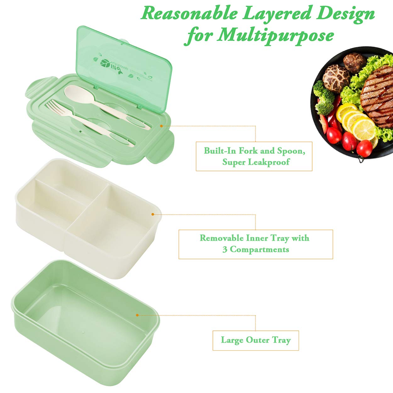 BIBURY Lunch Box, Leakproof Bento Box for Kids Adults, Food Container with 3 Compartments and Cutlery Set, BPA Free, Microwave and Dishwasher Safe Meal Prep Containers - Green