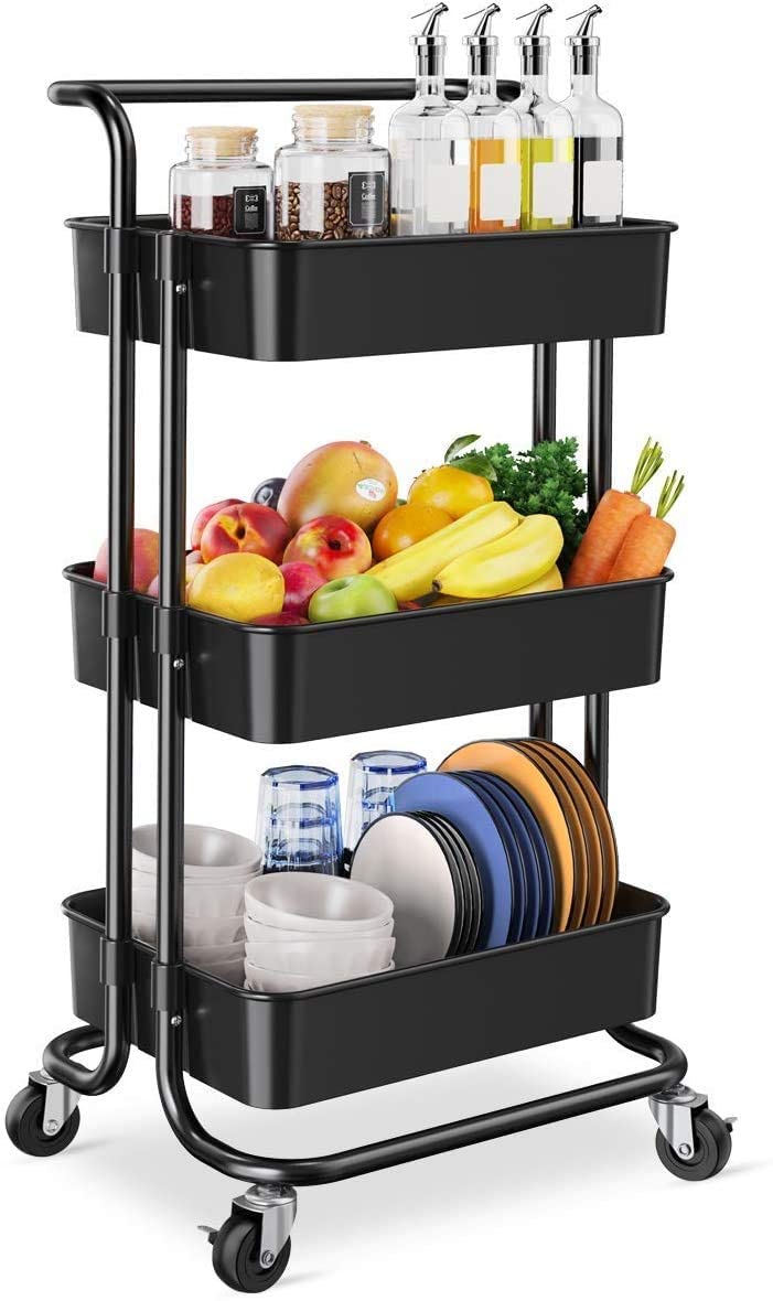 Storage Trolley Cart - 3 Tier Rolling Utility Organizer Rack, Craft Art Cart, Multi-Purpose Organizer Shelf, Tower Rack Serving Trolley for Office Bathroom Kitchen Kids’ Room Laundry Room, Black