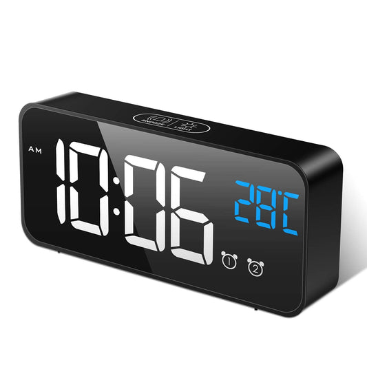 MOSUO LED Digital Alarm Clock, Rechargeable Mirror Bedside Clock with Temperature Display, Snooze, Non Ticking, Adjustable Volume & Brightness, 2 Alarms Set with 13 Music, Black