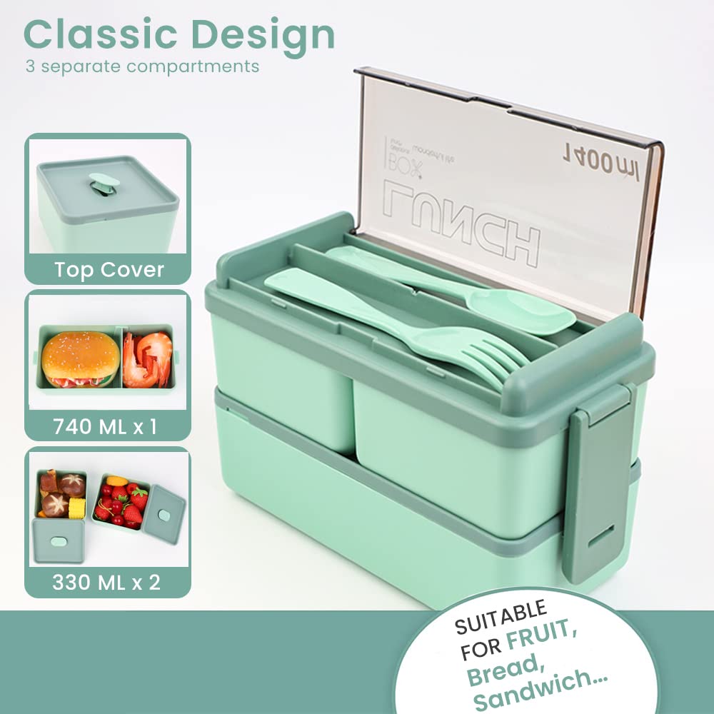 Bugucat Bento Lunch Box 1400ML, Stackable Lunch Box Bento Boxes,2 Layer 3 Compartments Leak Proof Lunchbox,Lunch Box with Compartments for Adults Kids,Container Meal Prep Containe with Cutlery,Green 1400ml-green