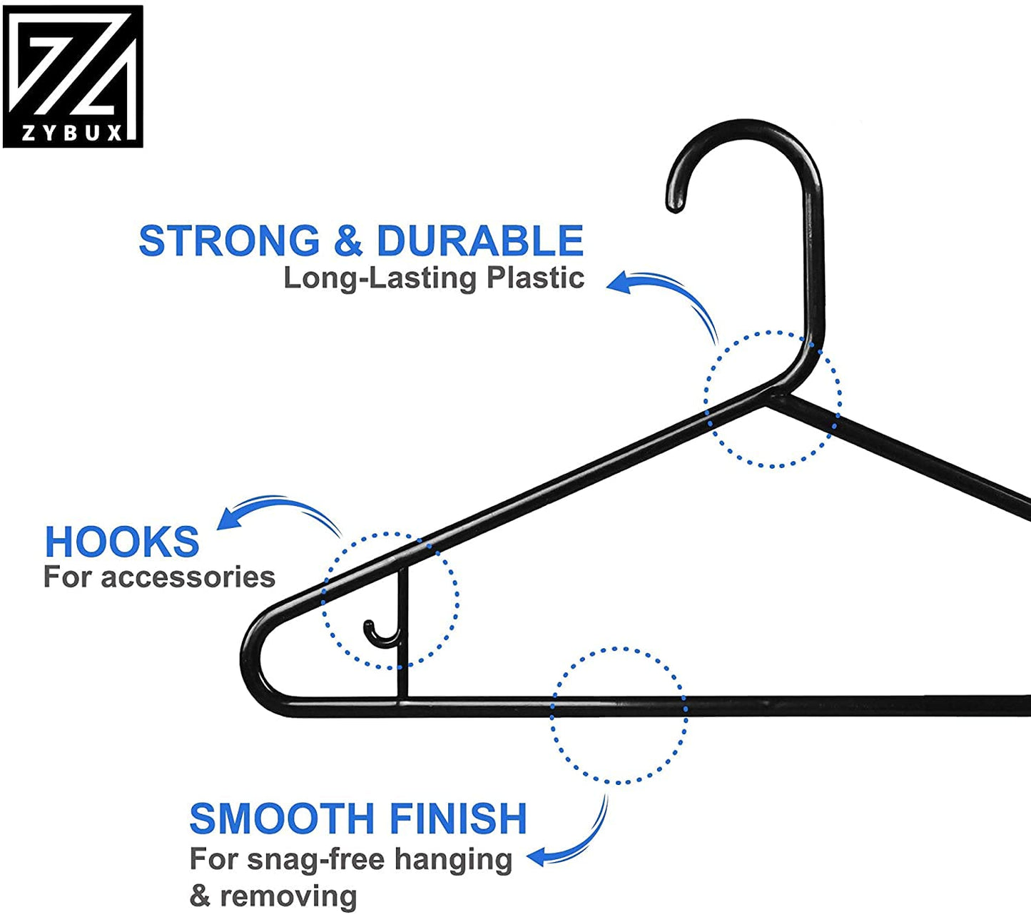 ZYBUX - 20x Adult Coat Hanger Black Colour, Extra Strong Plastic, Space Saving with Suit Trouser Bar (40cm Wide)