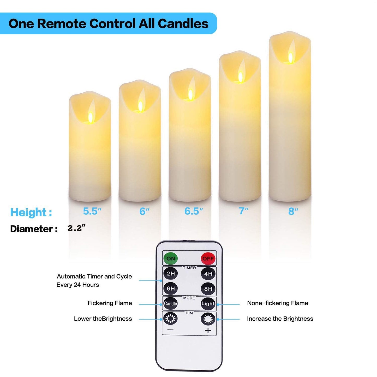 LED candles,5.5"/6"/6.5"/7"/8"Set of 5 Real Wax Battery Flameless Candles Include Realistic Dancing LED Flames and 10-key Remote Control with 2/4/6/8-hours Timer Function,300+ Hours-YIWER (5x1,Ivory) Dancing Led Flames Ivory 5 Pack