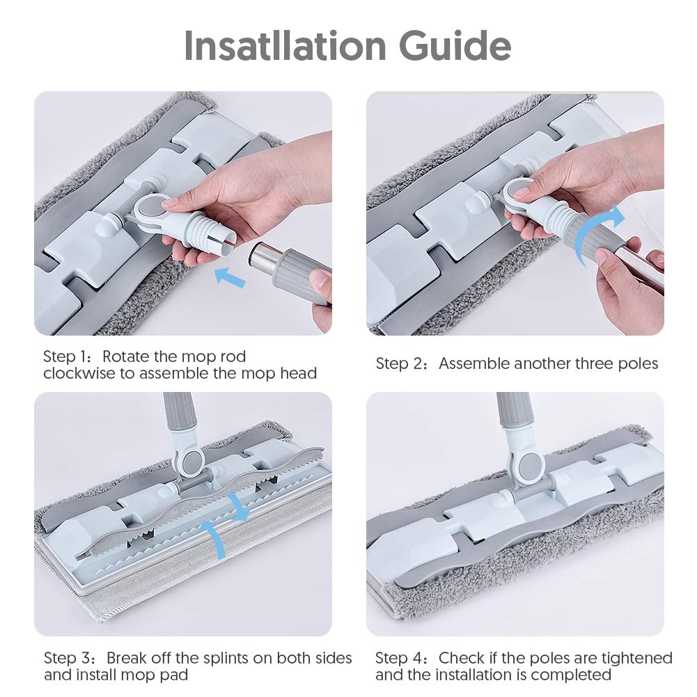 Flat Floor Mop, HOMTOYOU Microfibre Dust Mop for Laminate, Tile ,Hardwood Floor with 4 Mop Pads and 1 Dirt Removal Scrubber (Grey) Grey