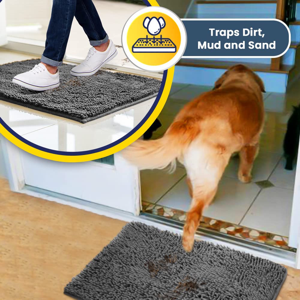 Muddy Mat AS-SEEN-ON-TV Highly Absorbent Microfiber Door Mat and Pet Rug, Non Slip Thick Washable Area and Bath Mat Soft Chenille for Kitchen Bathroom Bedroom Indoor and Outdoor - Grey Large 35"X24" Large (90 x 60 cm) Gray