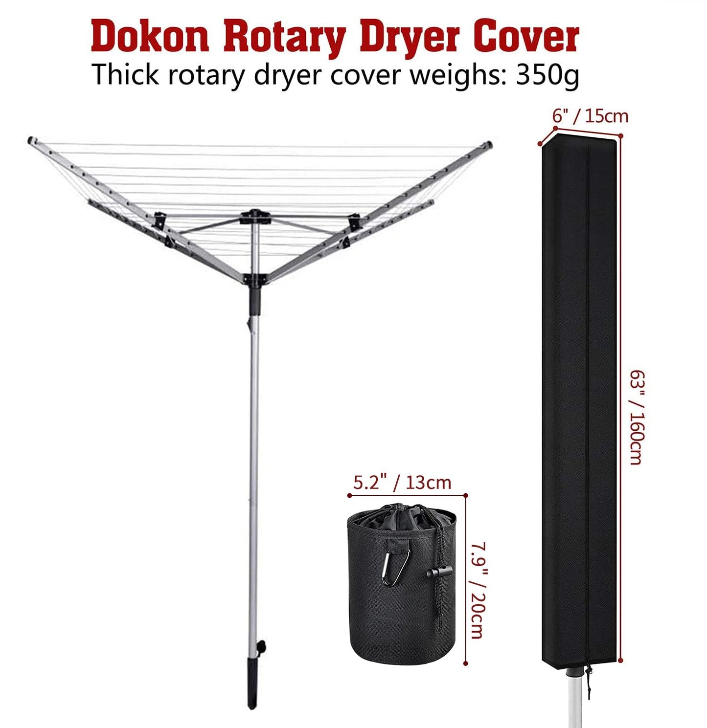 Dokon Rotary Washing Line Covers Waterproof Rotary Airer Cover Heavy Duty 600D Oxford Anti-UV Rotary Clothes Line Cover with Clothes Peg Bag, Rotary Dryer Cover with Zip (160x15x15cm) - Black 160x15x15cm