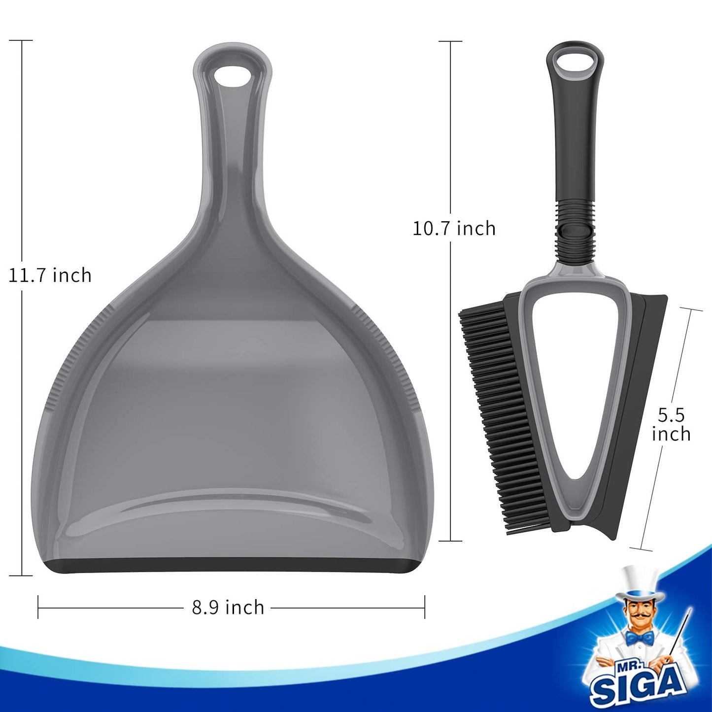 MR.SIGA Soft Bristle Brush/Scrubber with Dustpan, Gray & Black Gray,black