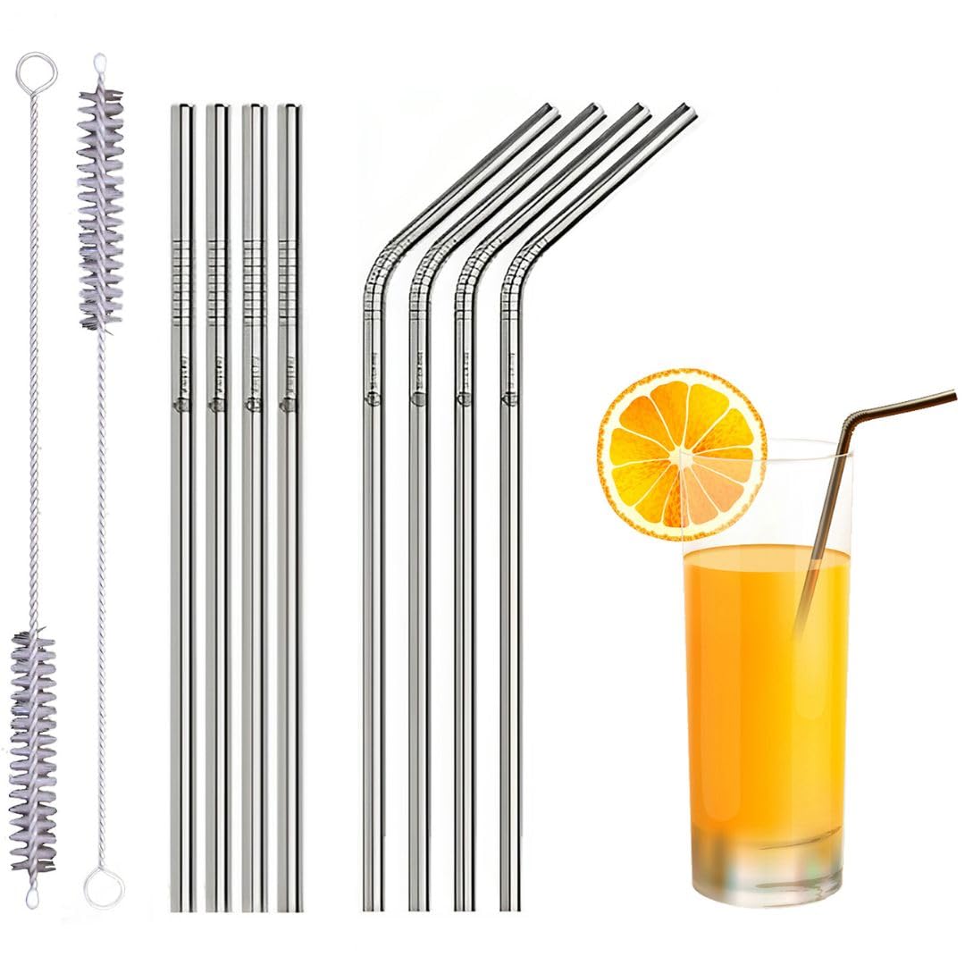 Set of 10 Reusable Metal Straws Drinking, 216mm Eco-Friendly Stainless Steel Drinking Straws for Cocktail, Milkshake, Cold/Hot Drinks (4 Straight + 4 Bent + 2 Cleaners) BPA Free Silver