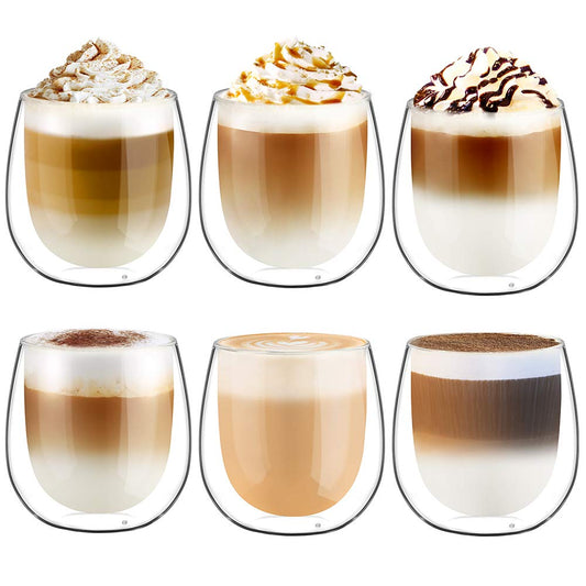 glastal 6x250ml Double Walled Coffee Glasses Mugs Cappuccino Latte Macchiato Glasses Cups for Coffee Tea Milk Juice Ice Cream Borosilicate Heat Resistant Glass Cups Type5-transparent 6 Count (Pack of 1)