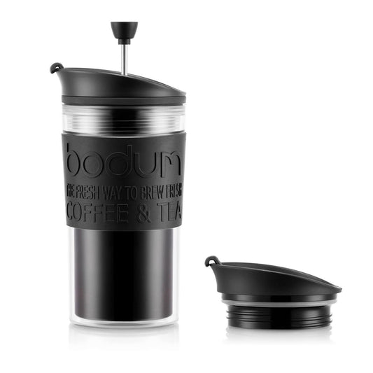 BODUM K11102-01 Travel Press Set Coffee Maker with Extra Lid, 0.35 L/12 oz - Black Single