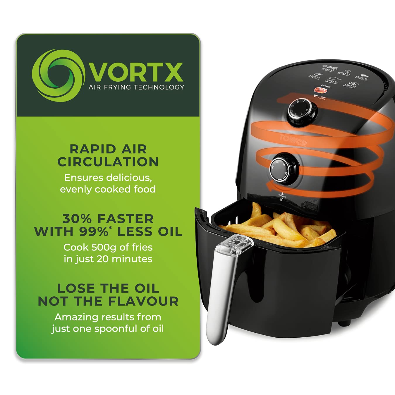 Tower T17025 Vortx Compact Air Fryer with Rapid Air Circulation, 30-Minute Timer, 1.5L, 900W, Black