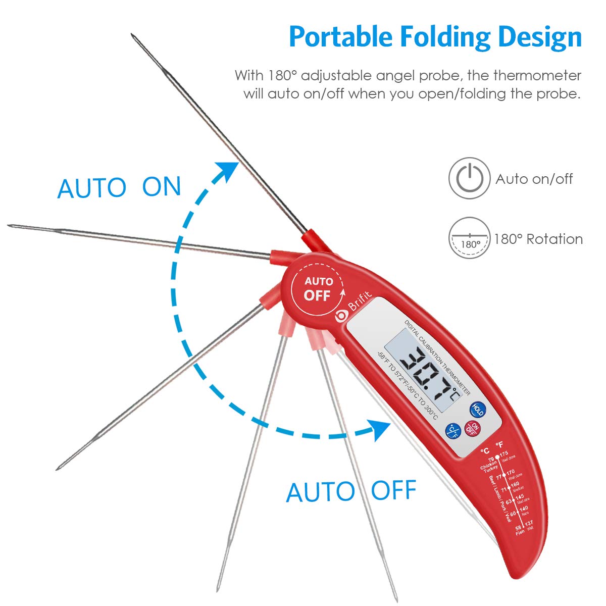 Criacr Meat Thermometer, Digital Cooking Thermometer, Food Thermometer with High Accuracy, Instant Read Foldable Probe Thermometer for Kitchen Cooking, BBQ, Milk, Christmas (Red), Battery Included 1 Pack Red