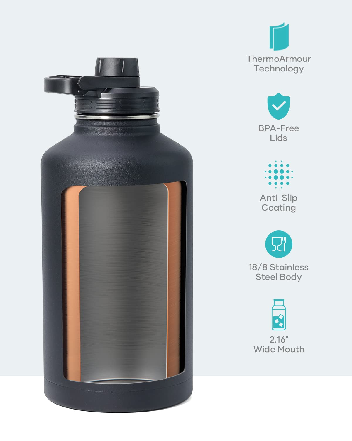 BUZIO Insulated Water Bottle with Straw 2L, Stainless Steel Insulated Water Bottle, Half Gallon Canteen Metal Thermo Mug Hydro Jug, Double Vacuum Hot Cold Water Bottles Carrying Pouch, Black 2000 ml