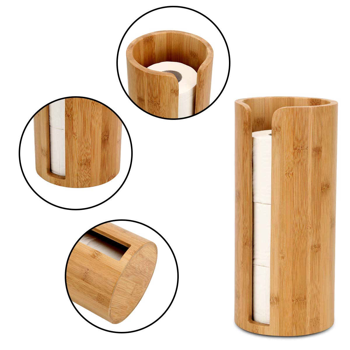 Toilet Roll Holder, Free-Standing Toilet Paper Storage Holder Stand, Round Toilet Paper Loo Roll Holder Stand for Bathroom & Toilets, Bamboo Round - 15(Dia) x 33(H) cm