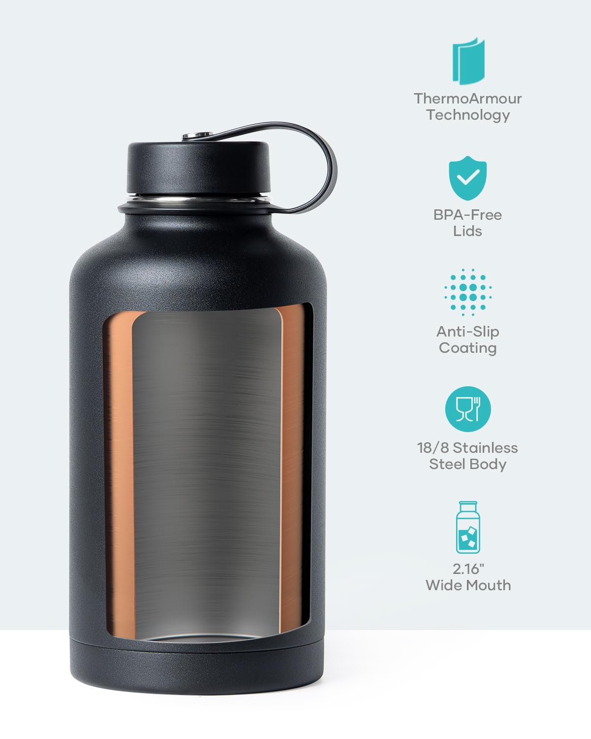 BUZIO Stainless Steel Water Bottle 2L, Vacuum Insulated Water Bottle with Straw Lid and Flex Cap Cold for 48 Hrs, Hot for 24 Hrs Double Wall Wide Mouth BPA Free Leak Proof, Black 2000 ml