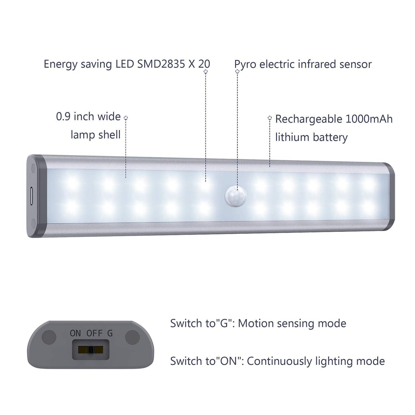 Motion Sensor Cabinet Lights, 20 LED Wireless Under Cupboard Light with Built-in Rechargeable Battery, Stick-on Anywhere Magnetic Night Lighting for Closet Kitchen Wardrobe (2 Pack) Silver 20led-2