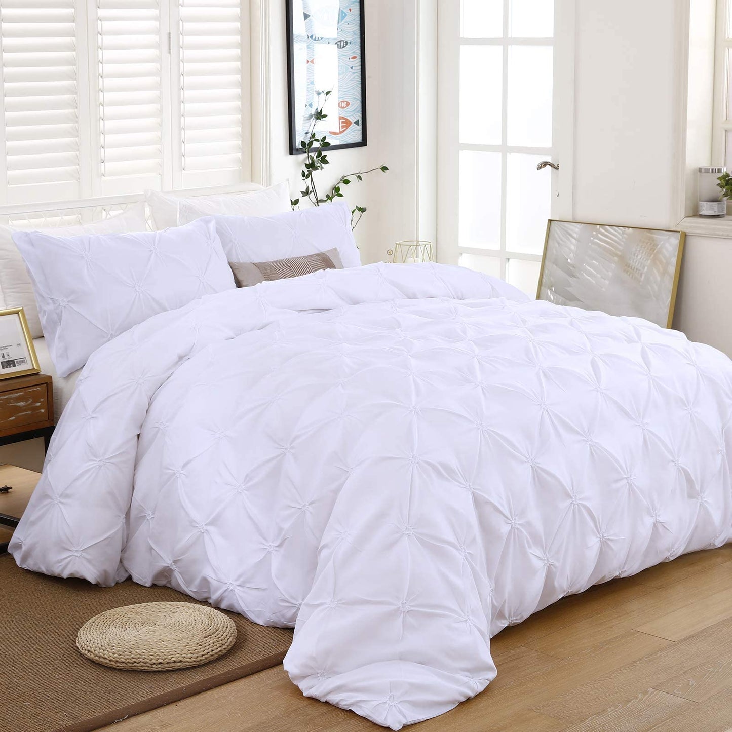 Luxury White Pintuck Duvet Cover King Size 3 Pieces Pinch Pleat Bedding Duvet Cover with Zipper Closure, Soft Microfiber Pintuck Quilt Cover for Home Bedding Decro King Size 230x220cm King(230x220cm)