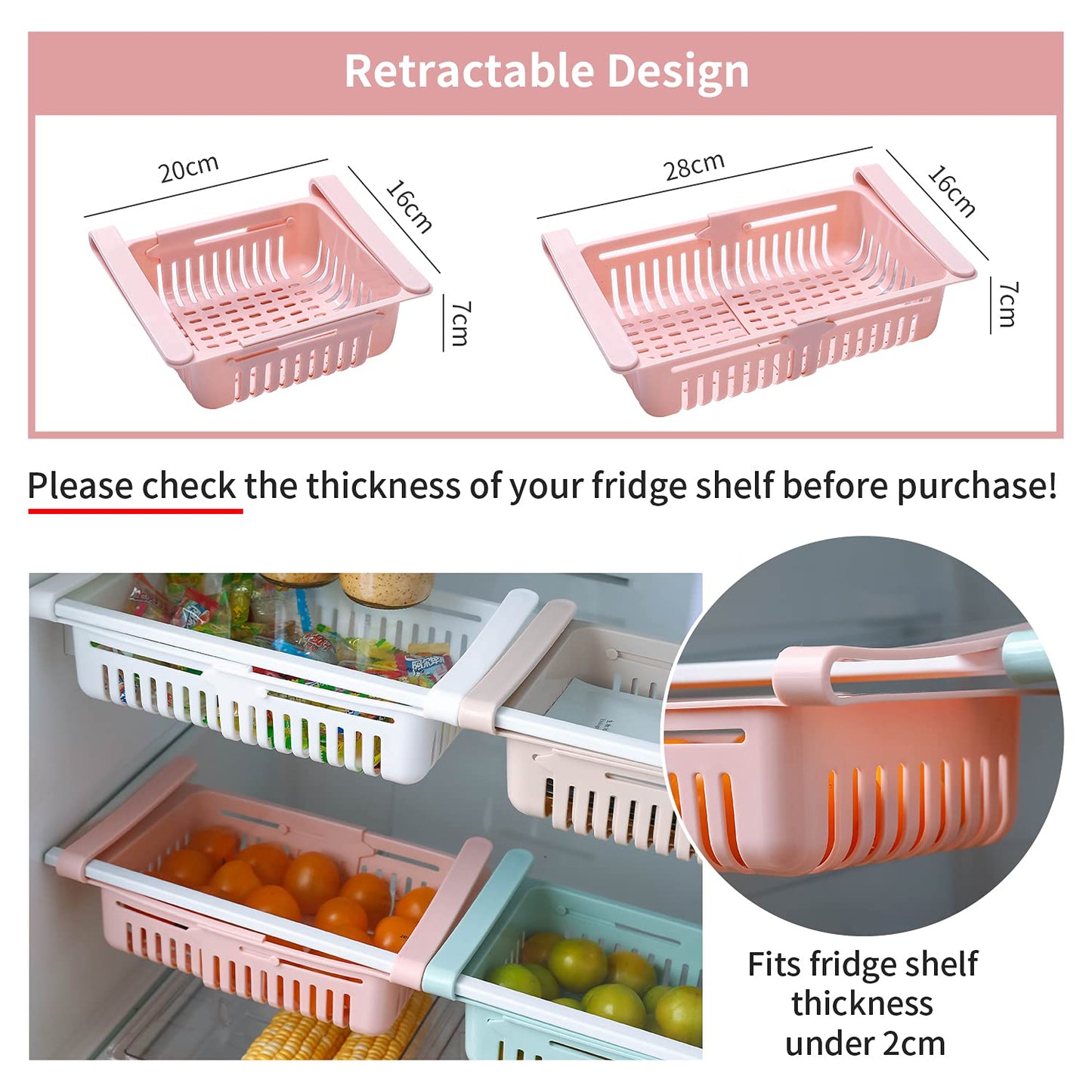 HapiLeap Retractable Drawer Organizer For Fridge, Refrigerator Storage Organizer Keep Tidy Shelf Organiser for Vegetables and Fruits (4 Pcs) 4pc