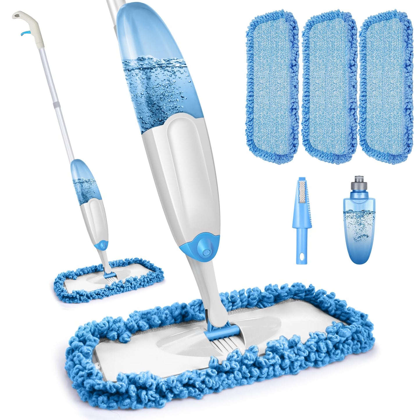 Microfibre Spray Mop for Floor Cleaning, TINA&TONY Hardwood Floor Mop Spray Dry Wet Mop with 3 Reusable Mop Pads & Refillable Bottle, Kitchen Dust Cleaning Mop for Hardwood Laminate Tile Floors, Blue 635ml Blue Mop