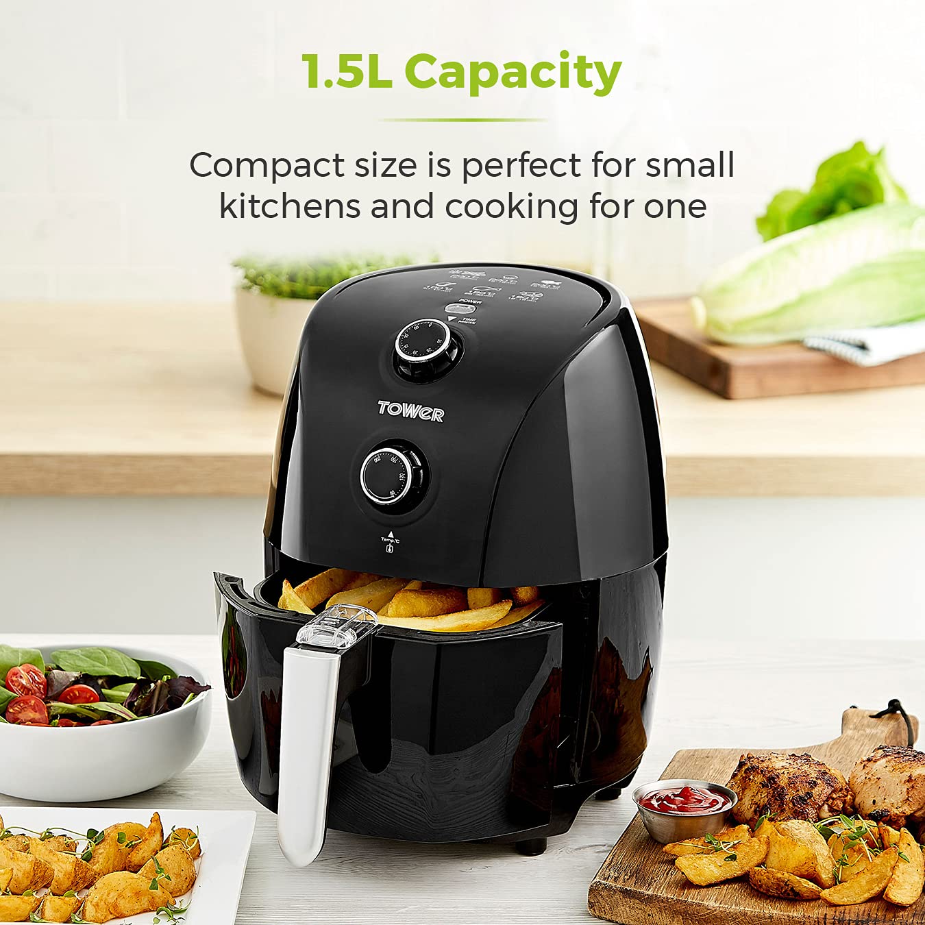 Tower T17025 Vortx Compact Air Fryer with Rapid Air Circulation, 30-Minute Timer, 1.5L, 900W, Black