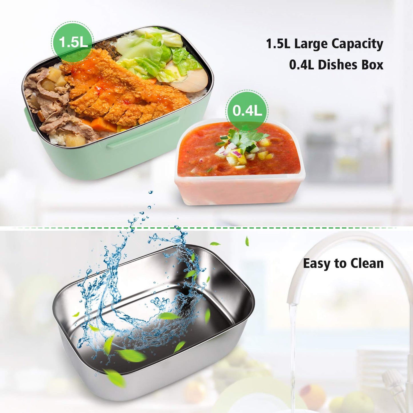 homeasy Electric Lunch Box, 80W 3 in 1 Food Heater Warmer 1.5L Removable Food-Grade Stainless Steel Container Portable for Car, Office, School and Home Use 220V/12V/24V (Mint Green) Mint Green