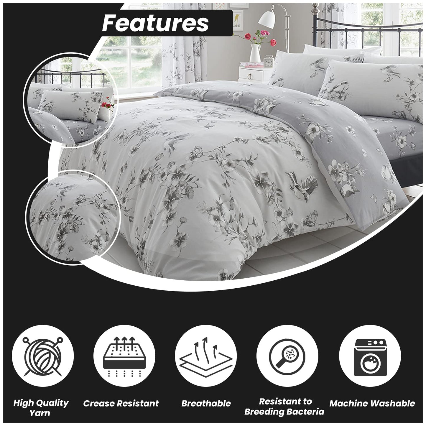 GC GAVENO CAVAILIA Duvet Bedding Set | Flower Comforter Cover & linen | Super King Bed Set| Grey