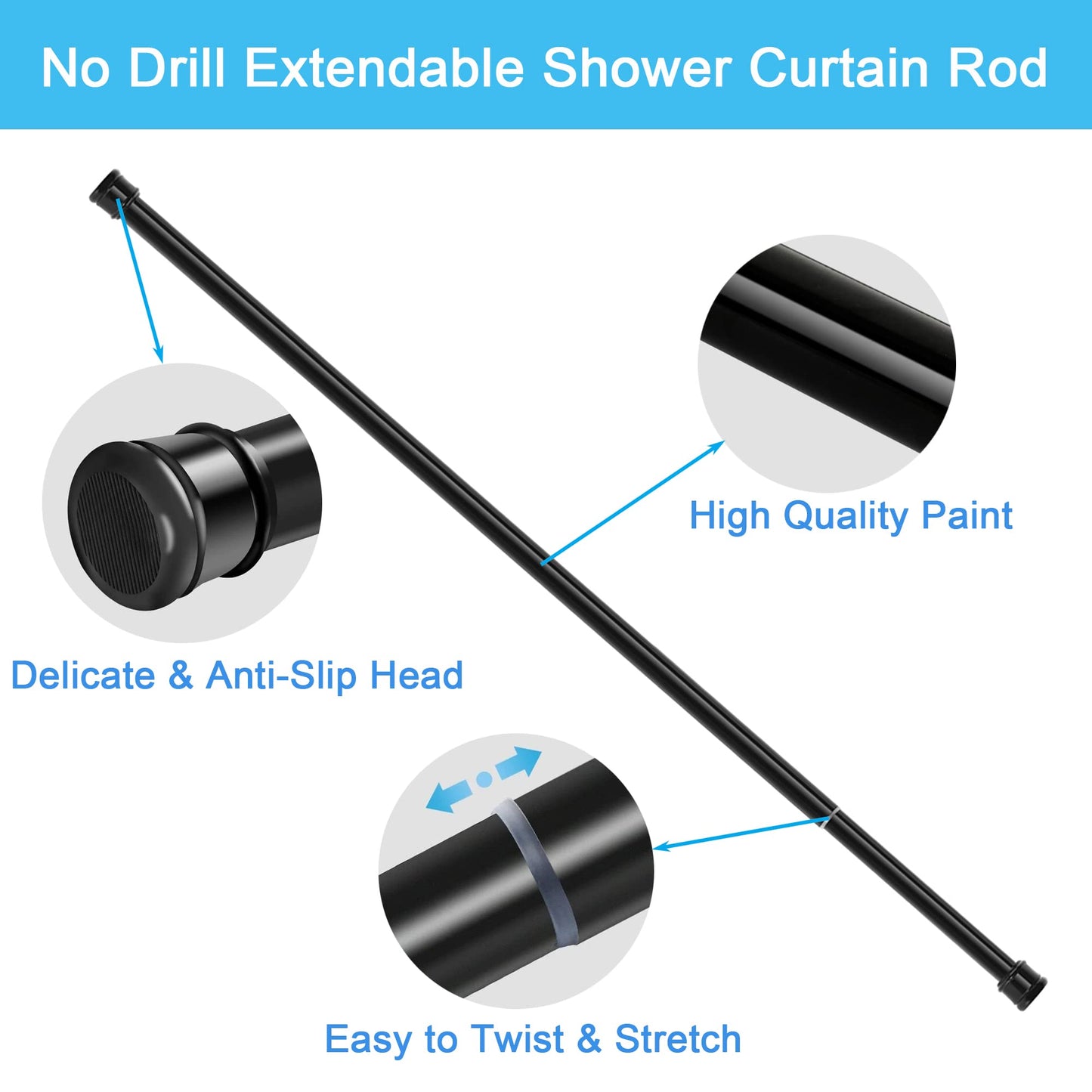 1PC Tension Rod No Drill Door Curtain Pole, Shower Pole Extendable for Shower Curtain, Windows, Door Curtain, Wardrobe, Bathroom 70-120Cm/27.56-47.24Inch(Diameter:25mm) Black 70-120CM/27.56-47.24Inch（1PC)Φ25MM