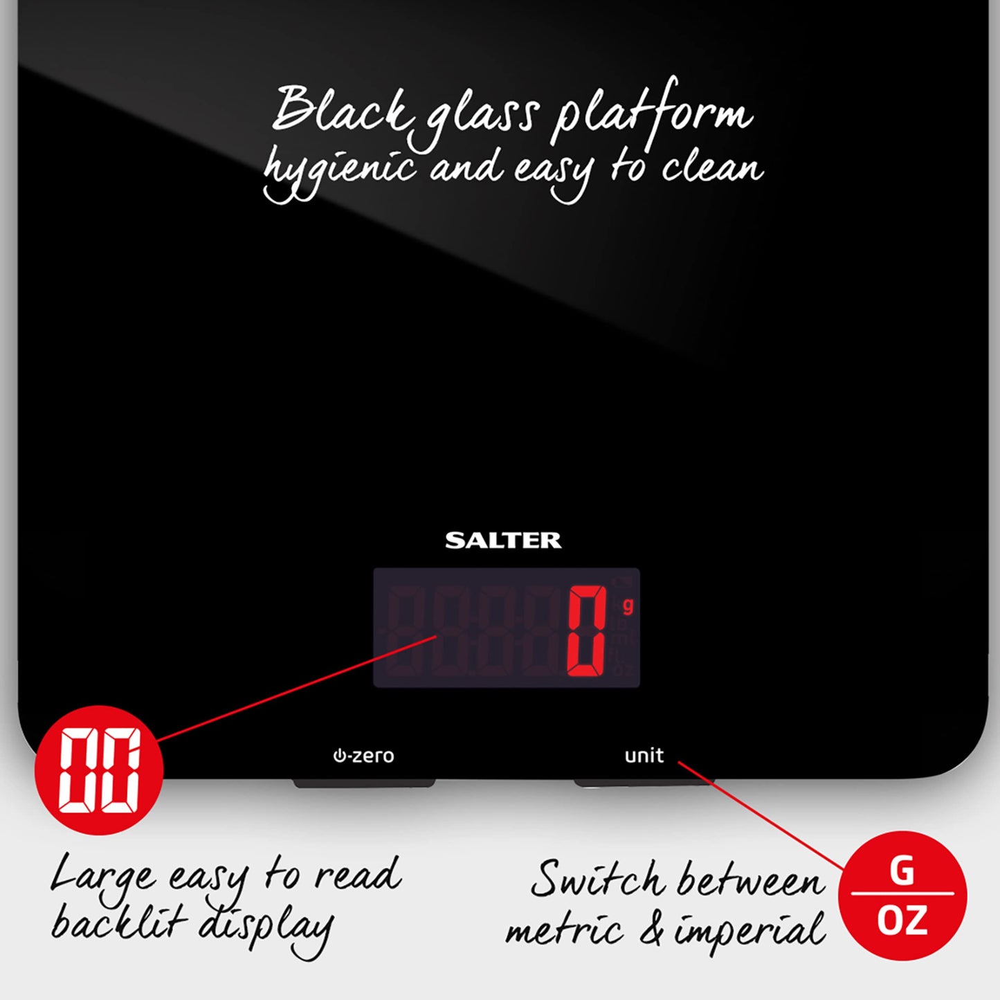 Salter 1150 BKDR Digital Kitchen Scales, Stylish Glass Design, Cooking Scale for Home/Kitchen, Measures Liquids & Fluids, Metric/Imperial, Add & Weigh Function, Red Easy Read Display, Black 5 kg Capacity