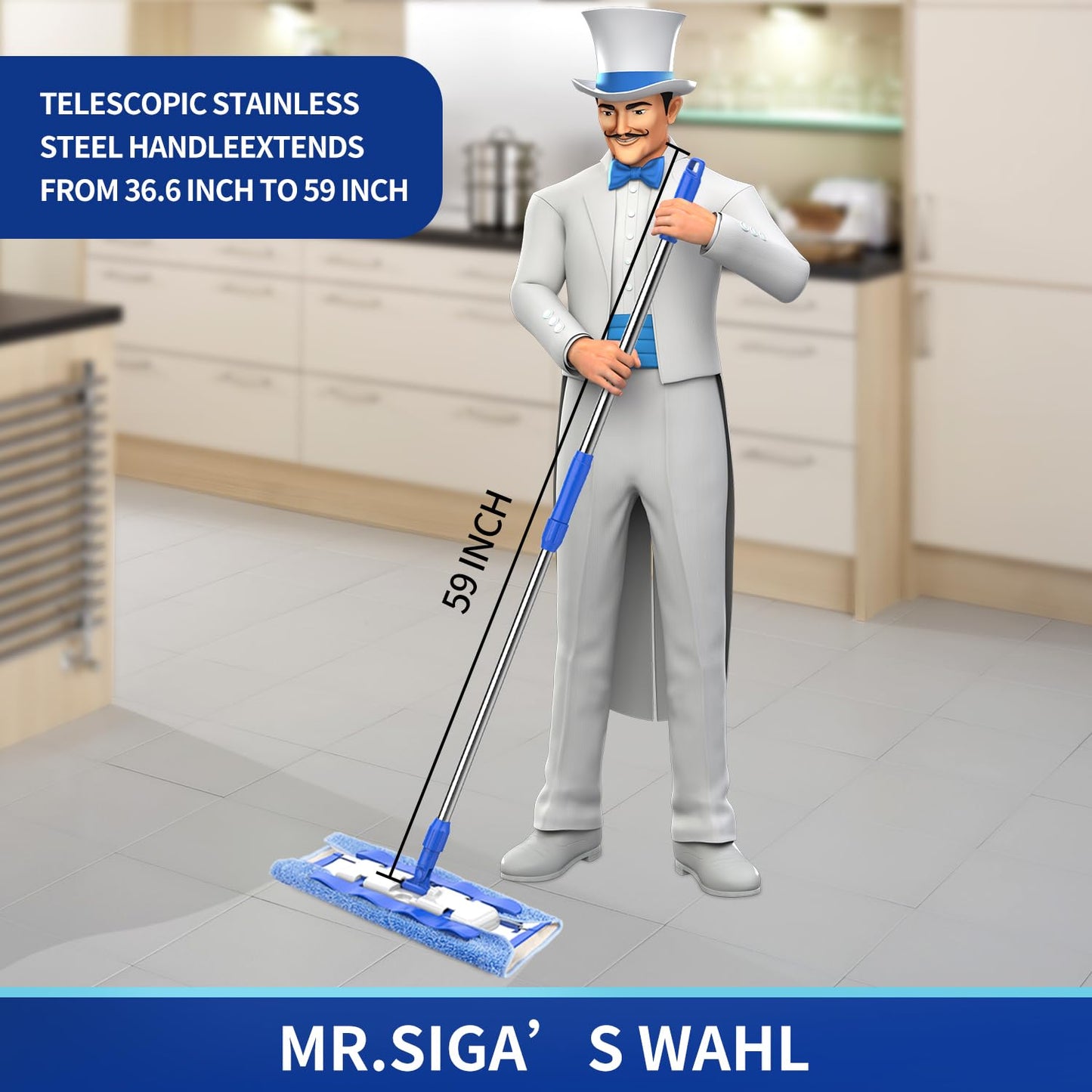 MR.SIGA Professional Microfibre Mop for Hardwood, Laminate, Tile Floor Cleaning, Stainless Steel Telescopic Handle - 3 Reusable Microfibre Cloths and 1 Dirt Removal Scrubber included Blue - Mop