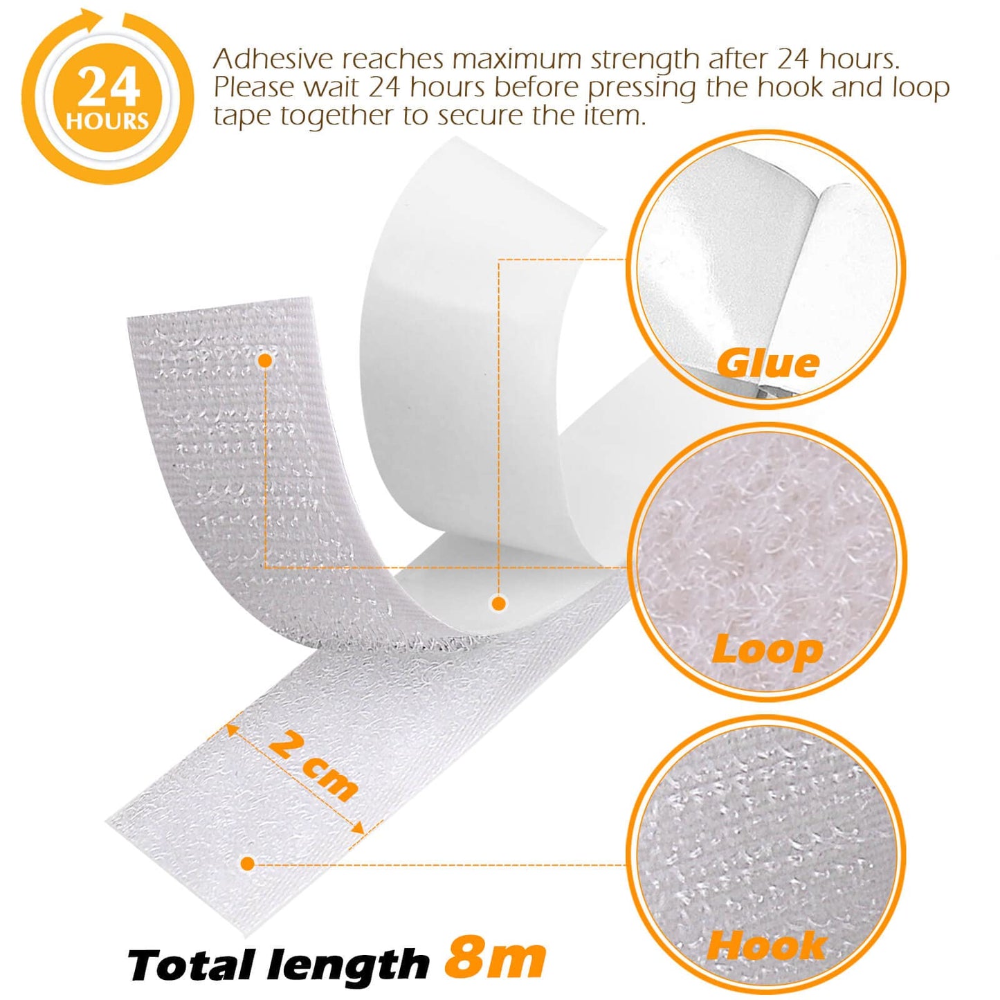 Blooven Hook and Loop Strip Tape 8 Meter Self Adhesive Sticky Back Fastening Tape 20mm Wide (20mm x 8m, White) 20mm x 8m