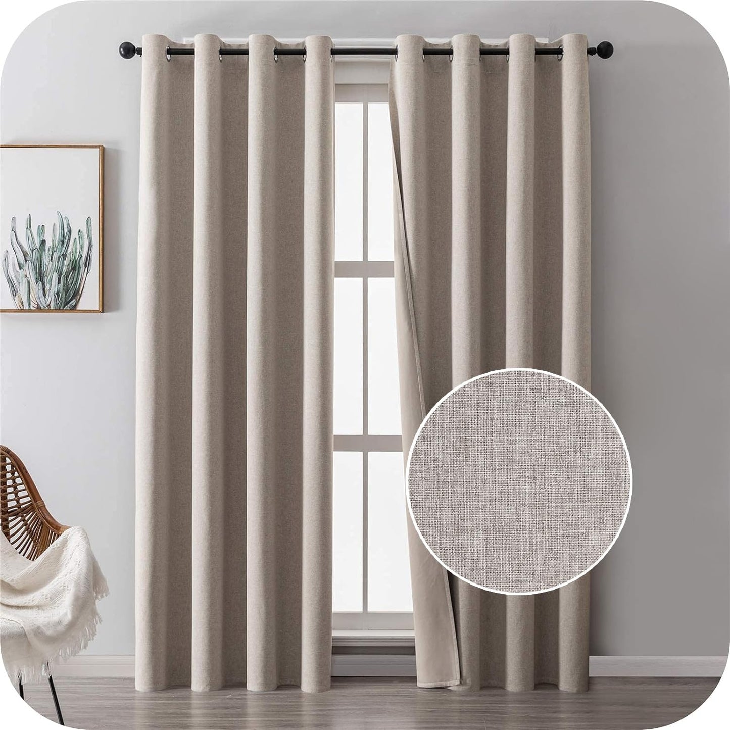 MRTREES Eyelet Curtains Bedroom 100% Blackout 90 Drop Beige Short Thermal Curtain 2 Panels Linen Look Living Room Curtains Noise Reducing for Kids Bedroom 66x90 Inch 167x228cm 66x90 Drop