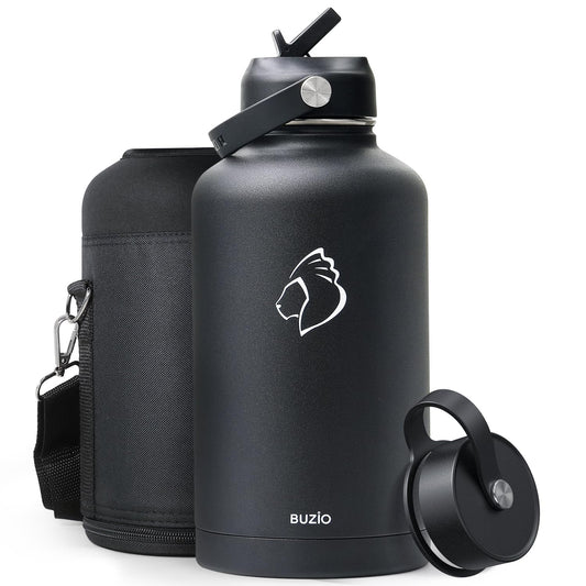 BUZIO Stainless Steel Water Bottle 2L, Vacuum Insulated Water Bottle with Straw Lid and Flex Cap Cold for 48 Hrs, Hot for 24 Hrs Double Wall Wide Mouth BPA Free Leak Proof, Black 2000 ml