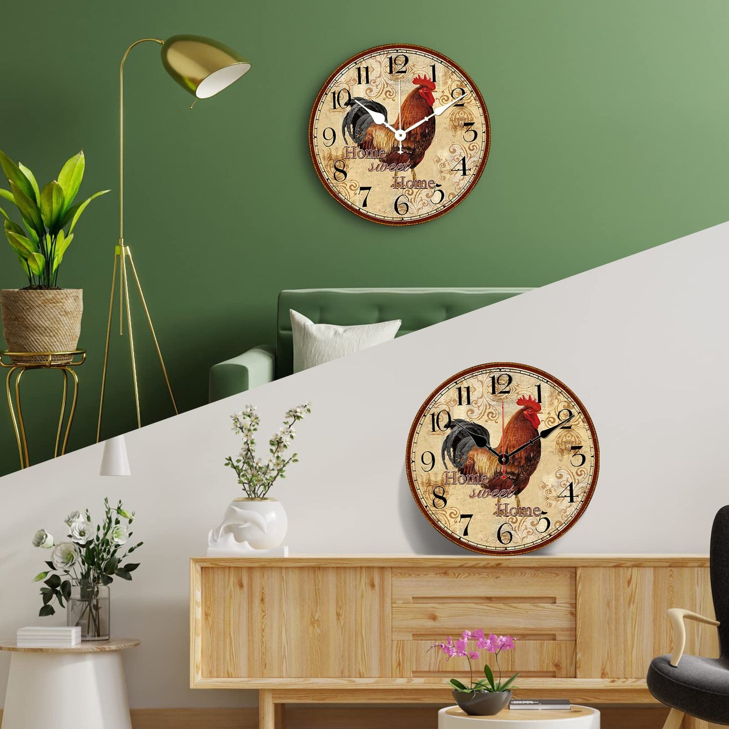 TAHEAT 14 Inch Rustic Rooster Wall Clock Retro Silent Non ticking Easy to Read Clock, Battery Operated Decorative Wall Clocks for Kitchen/Living Room/Bedroom/Farmhouse Decoration