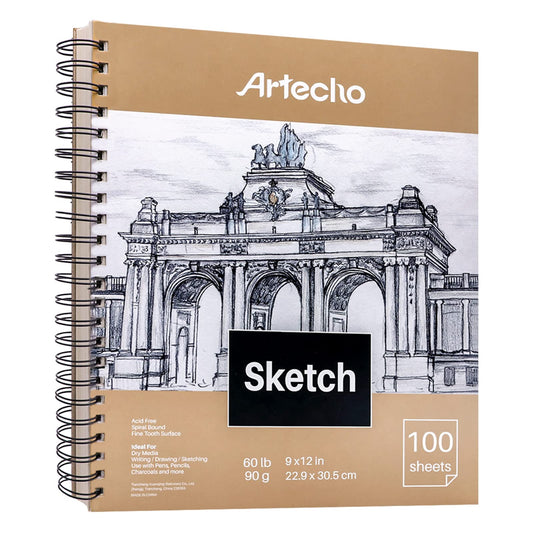 Artecho 9x12" Sketch Book, 100 Sheets (60 lb/90gsm), Spiral Bound, Art Supplies Sketch Pad, Durable Acid Free Drawing Paper, Ideal for Kids & Adults, Natural White 1Pack