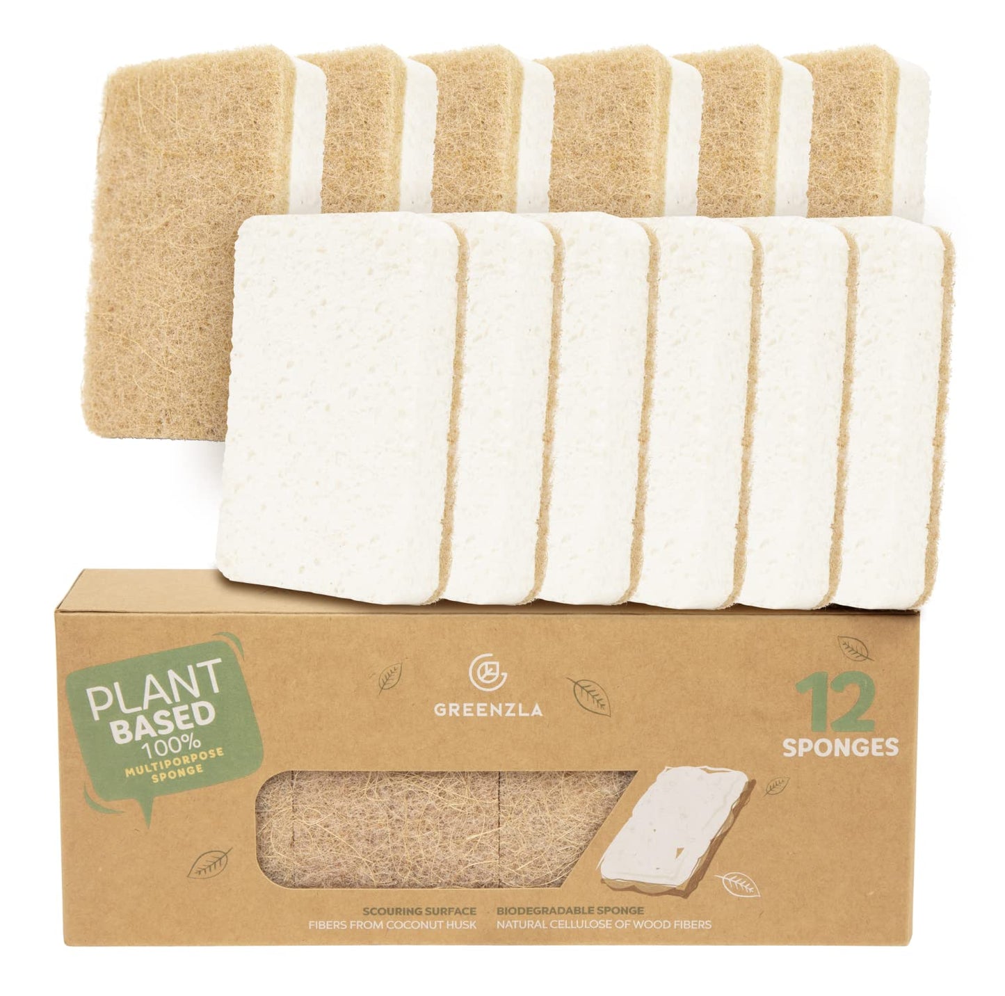 Greenzla Natural Sponges 12 Pack - Eco Friendly Kitchen Sponge for Sustainable Living - Biodegradable Hemp/Sisal Plant Based Reusable Cleaning Dish Sponge