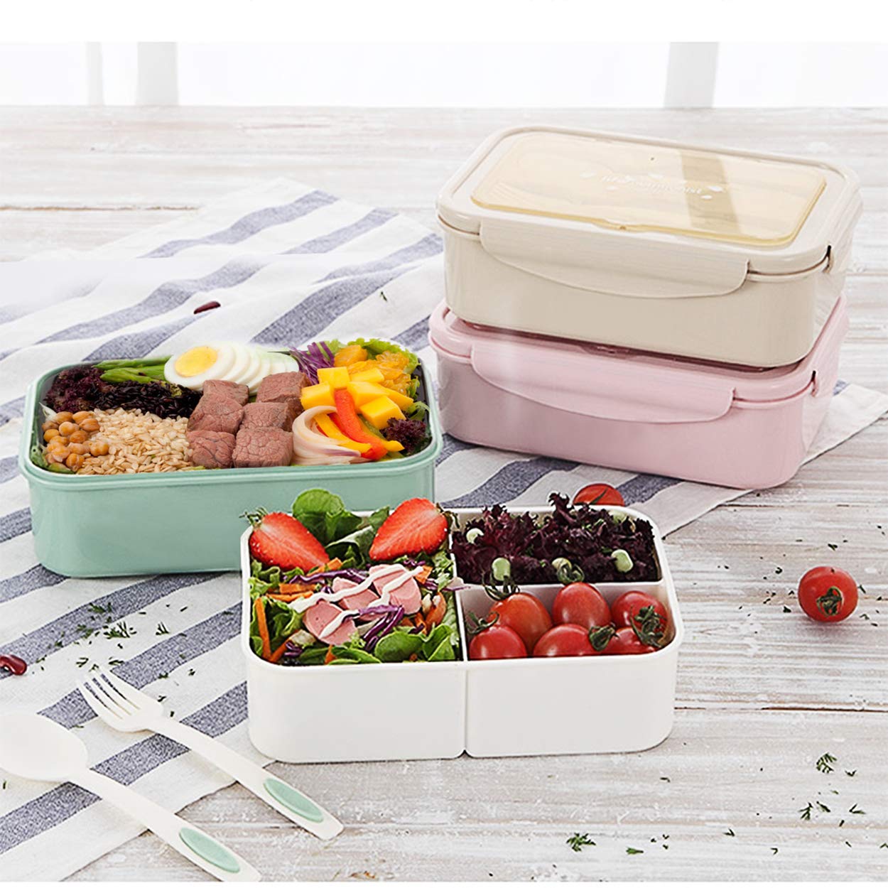 BIBURY Lunch Box, Leakproof Bento Box for Kids Adults, Food Container with 3 Compartments and Cutlery Set, BPA Free, Microwave and Dishwasher Safe Meal Prep Containers - Green