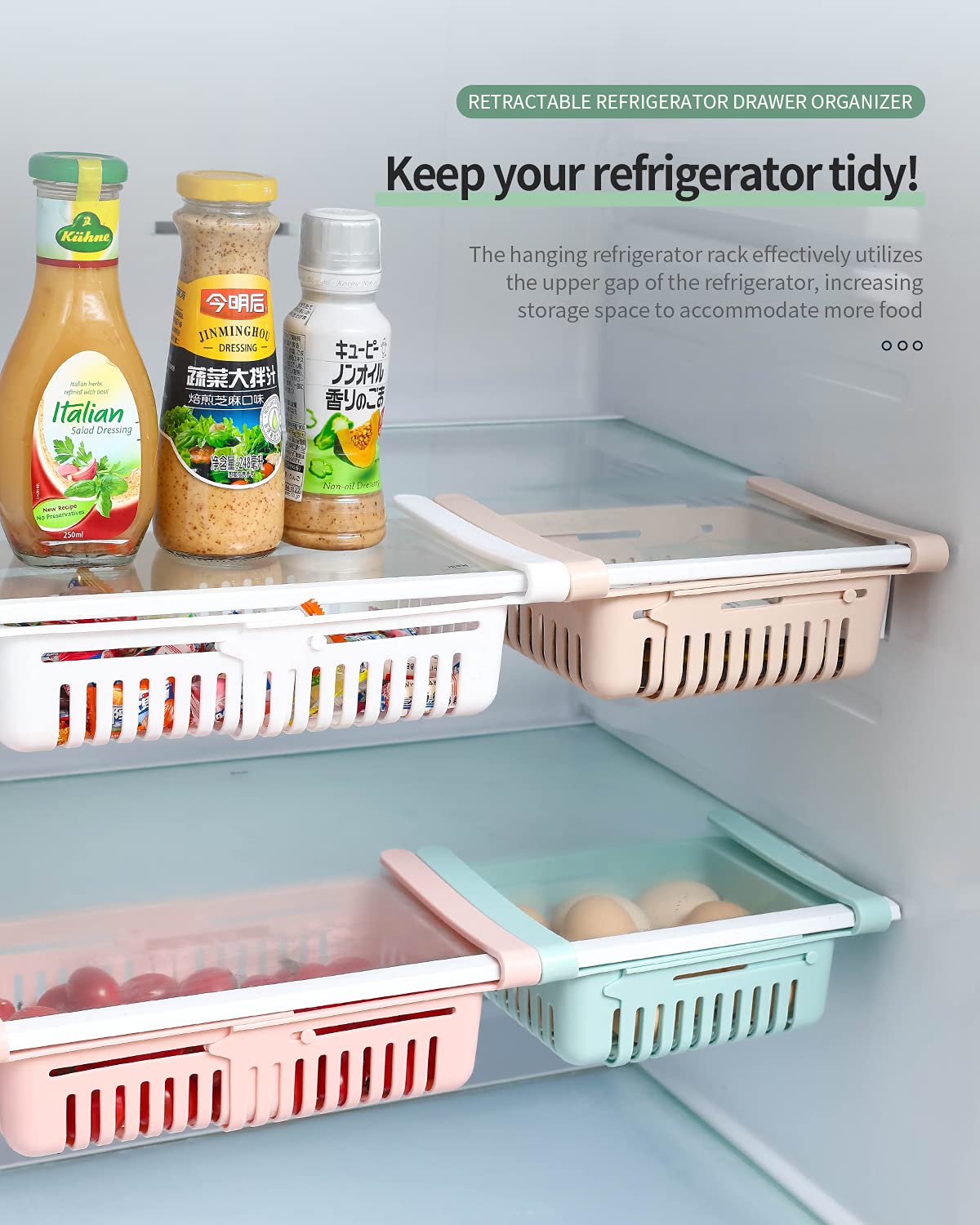 HapiLeap Retractable Drawer Organizer For Fridge, Refrigerator Storage Organizer Keep Tidy Shelf Organiser for Vegetables and Fruits (4 Pcs) 4pc