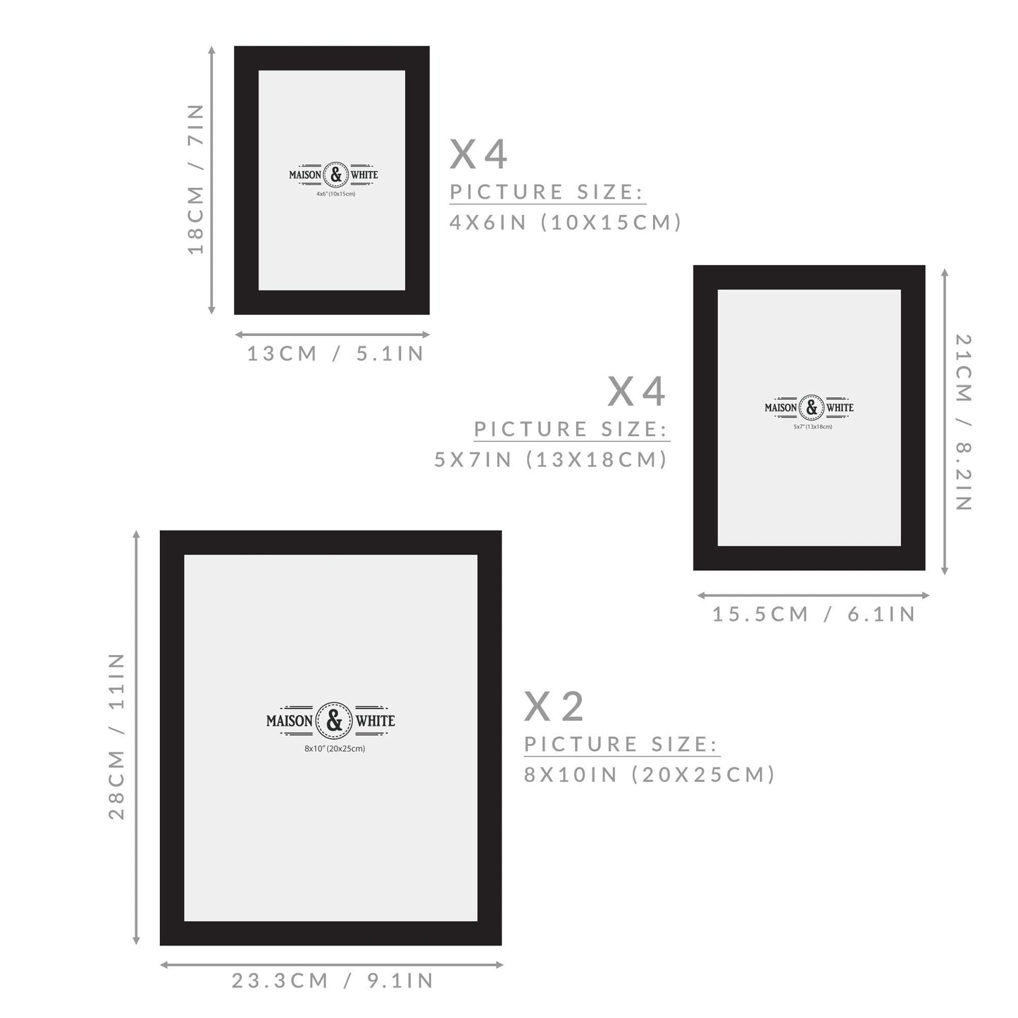 Hanging Picture Frames - Set of 10 | 3 Sizes: 6x4 7x5 10x8 inch | Wall Mountable or Free Standing Collage Photo Frame | Vertical or Horizontal | M&W (Black) Black