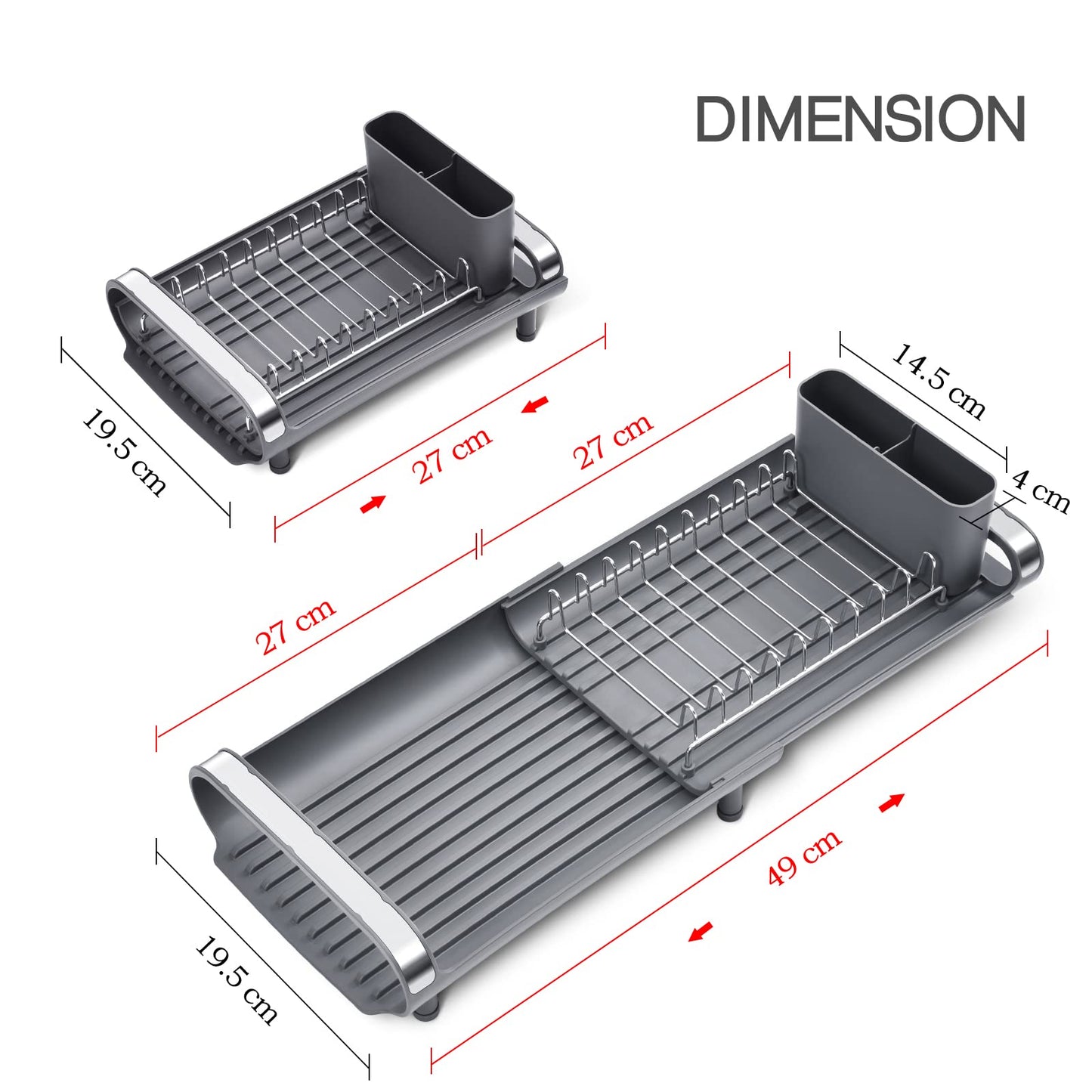 KINGRACK Compact Dish Drainer,Expandable Dish Rack,Stainless Steel Dish Drying Rack With Removable Cutlery Holder,Non-Slip Feet,Anti Rust Plate Rack,Small Sink Drainer For Kitchen Countertop, Grey