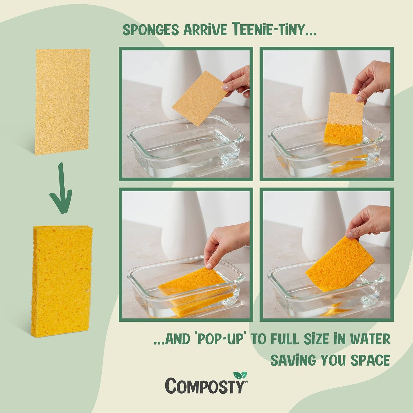 Composty® | 'Pop-Up' Eco Sponges | 12 Pack | Compostable Kitchen Sponge | Biodegradable Washing Up Sponge | Zero Waste | Plastic Free | Natural Cellulose | Long-Lasting | 4 Colours | One Tree Planted