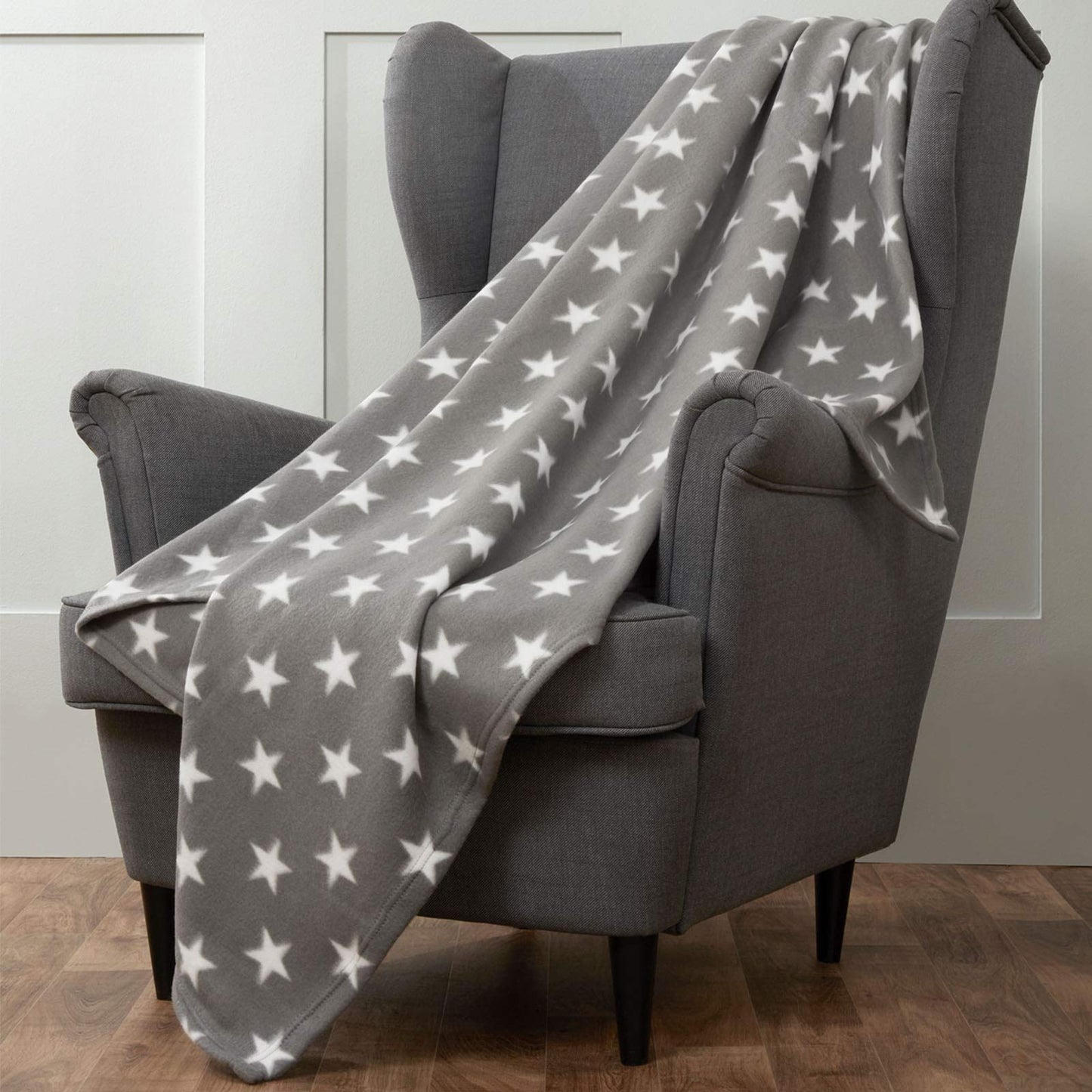 Dreamscene Flannel Fleece Stars Throw Over Bed Warm Soft Blanket Plush for Baby Kids Sofa, 100% Polyester Plush Microfiber Fleece, Silver Grey, 120 x 150cm Grey White Stars