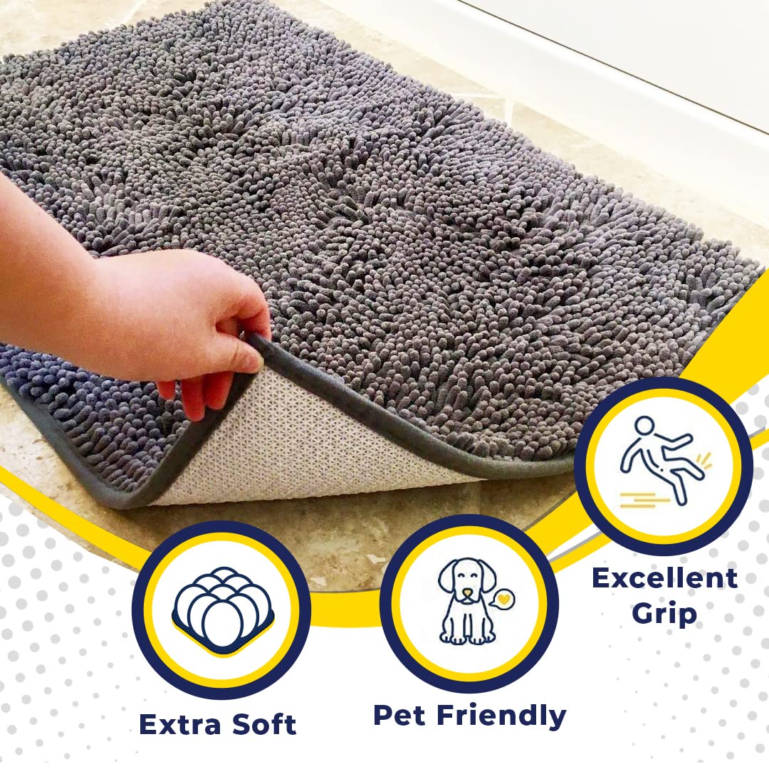 Muddy Mat AS-SEEN-ON-TV Highly Absorbent Microfiber Door Mat and Pet Rug, Non Slip Thick Washable Area and Bath Mat Soft Chenille for Kitchen Bathroom Bedroom Indoor and Outdoor - Grey Large 35"X24" Large (90 x 60 cm) Gray