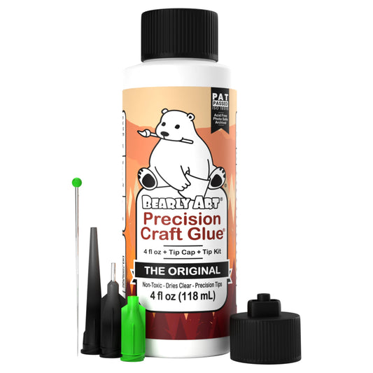 Bearly Art Precision Craft Glue - The Original - 4fl oz - Tip Kit Included - Dries Clear - Metal Tip - Wrinkle Resistant - Flexible and Crack Resistant - Strong Hold Adhesive - Made in USA 4oz